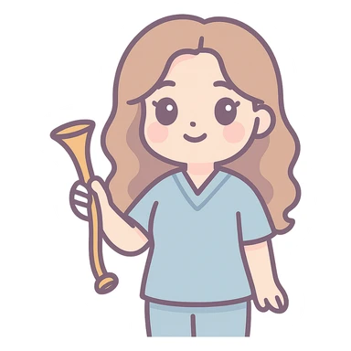 A kawaii style girl with appearance and clothing as in the reference, holding an obstetric stethoscope in one hand, the other hand down. Detailed shadows and highlights, thin clean contours, soft rounded shapes, pastel palette #98B5BC, #B5B3C1, #C9A3C9, #E4C0CA, #F7DCD1, #F7C0AA, soft lighting, transparent background, no decorative elements. sticker