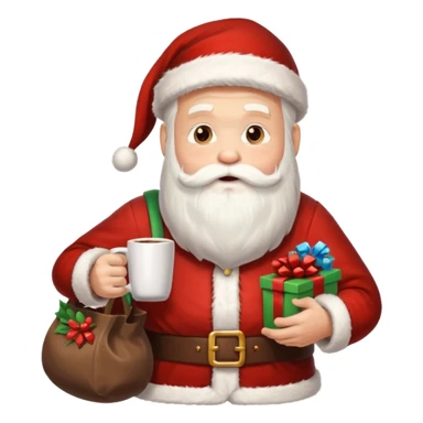 Санта клаус с мешком подарков за спиной и кружкой какао в руке sticker