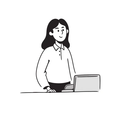 Gender-neutral cashier with shoulder-length hair, standing behind a cashier desk, smiling, wearing a neutral-colored uniform sticker