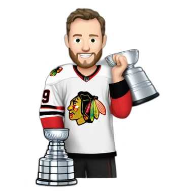 Jonathan Toews holding the Stanley Cup with beard sticker
