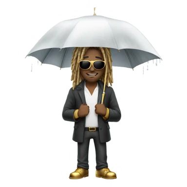 White male with dreadlocks gold sunglasses on holding umbrella for the rain but instead of rain its money  sticker