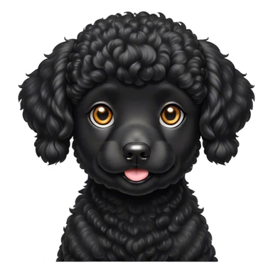 Cinematic Cute Black Poodle Portrait Emoji, Head tilted playfully and inquisitively, showcasing a bouncy, curly jet-black Fur with a striking sheen, round, sparkling dark eyes filled with curiosity, Simplified yet irresistibly adorable features, highly detailed, glowing with a warm, friendly glow, high shine, affectionate and lively, stylized with a touch of whimsy, bright and endearing, soft glowing outline, capturing the essence of a mischievous yet loving companion, so playful it feels like it could bounce out of the screen and into your arms! sticker