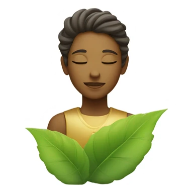 A calm and relaxed face with closed eyes and a gentle smile. It is surrounded by bright green leaves and a soft golden aura of light, conveying peace and spiritual serenity. sticker