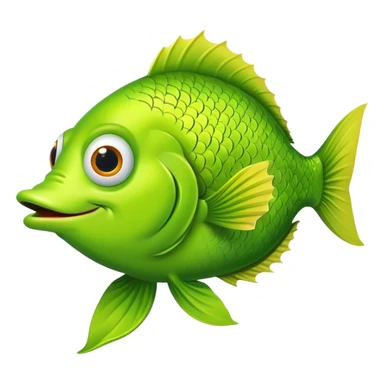 extremely goofy bright lime green fish with huge bulging eye and dopey smile, looking incredibly stupid and friendly, perfect flat side profile facing right, exactly 90 degrees, one eye visible sticker