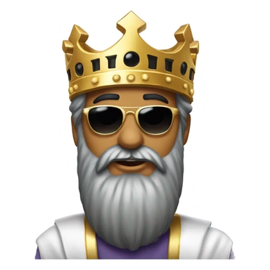 A man in an arafat with a large black beard and large square sunglasses, wearing a golden crown on top of the arafat sticker