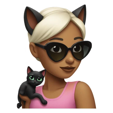 Girl in heart shaped sunglasses looking at black cat with sunglasses sticker