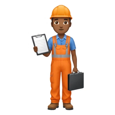 Indian male railway engineer orange overalls, boots holding a clipboard view from rear sticker