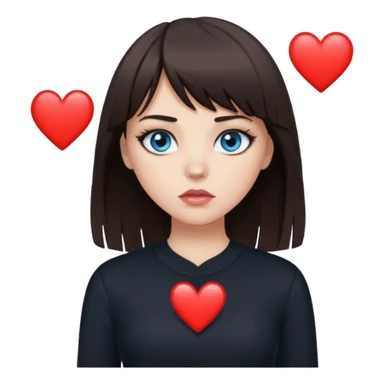 white girl with dark brown hair and bangs wearing black eyeliner with blue eyes wearing black clothes with a black broken heart above her head sticker
