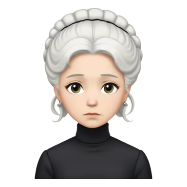 A Victorian woman with elegant coiffed white hair and light eyes wearing a modest unadorned monochrome black turtleneck mourning dress looking down with a forlorn expression sticker