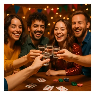 people clinking shot glasses while playing a card game, festive setting, party vibe sticker