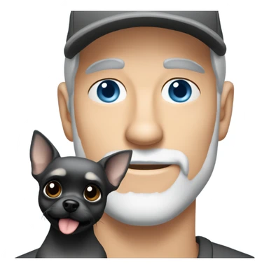 Handsome blue eyed man, with grey hair, and grey goatee beard, wearing ball cap and holding a long haired black chihuahua sticker