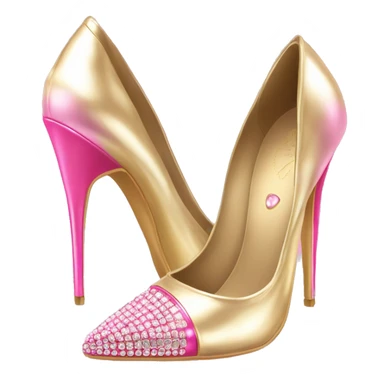 Realistic isolated top view of a pair of metallic light gold and metallic light bubblegum pink pointed toe high heel shoes with diamonds on the top of the toes. sticker