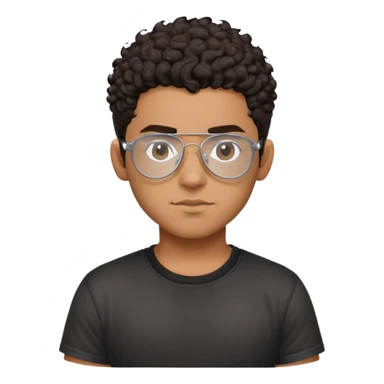 Young Latino with big forehead, metal-framed aviator glasses, very short curly dark hair on top with shaved sides, neutral expression, brown skin, black t-shirt sticker