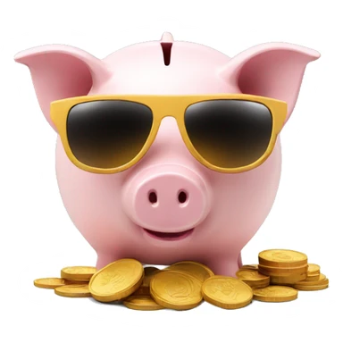 Piggy bank with sunglasses and a coin sticker