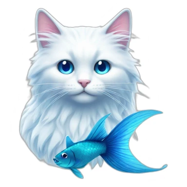 Head of White fluffy cat and a half of blue magic fish tail sticker