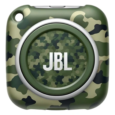 Abstract JBL Clip 4 with round shape, integrated clip, green camo pattern, and small JBL logo, iOS emoji style sticker
