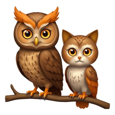 Owl on a branch with a cat's head sticker