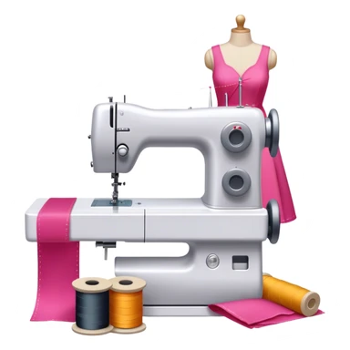 Sewing icon, sewing machine with thread, visible needle, spools of thread, fabric pieces cut according to patterns, measuring tape, pins, scissors, and dresses on mannequins, minimalistic style, clean lines, transparent background. sticker