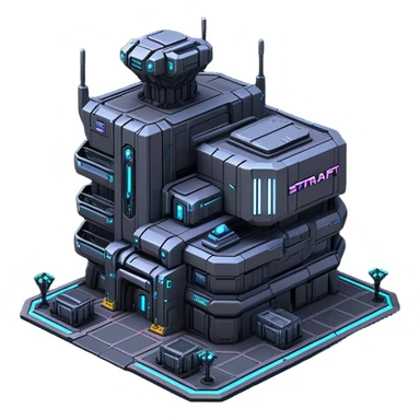 StarCraft-inspired, isometric RTS building with a rugged Terran look: thick metal plating, cyberpunk, neon, rivets, subtle wear, and a gunmetal palette plus one accent color. Add minimal glowing panels for a high-tech feel. Keep it compact—like a forward outpost—and show it from a clean isometric angle, emphasizing an industrial sci-fi style and clear silhouette. sticker