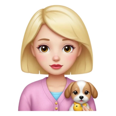 “Emoji girl, dewy skin, flushed blush across cheeks and nose, glossy cherry lips, soft puppy eyeliner, slightly teary sparkling eyes, wearing pastel cardigan.” sticker