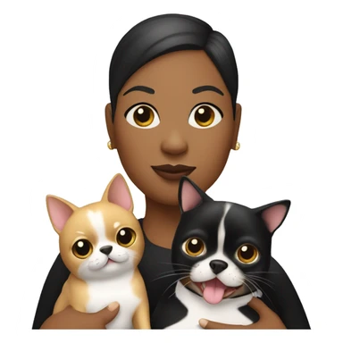 Fat black woman with short blond hair, holding a tuxedo cat and a chihuahua sticker