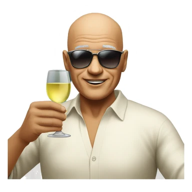 Bald man around 60 years old holding glass of white wine , weaing sunglasses sticker