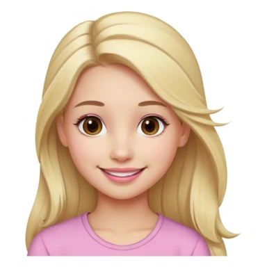 a cute woman like a barbie is smiling, her hair is long, blonde and half ponytail, her eyes color are brown and the color of her lip is soft pink sticker