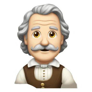 Short pudgy old man over enthusiastic happy excited face bald forehead long wavy gray and brown brunette long wavy hair moustache Shakespearean dress vintage clothes hamlet small arms sticker