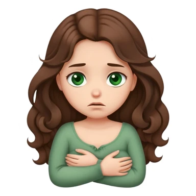 Sad Girl with curled brown long length hair and dark green eyes with belly ache sticker