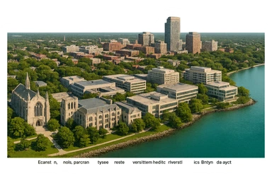 cinematic realistic emoji of Evanston, Illinois, panoramic cityscape with Northwestern University campus, Lake Michigan, downtown Evanston, iconic university buildings, lifelike detail, accurate colors, bright daylight, no sky, no clouds, transparent background sticker
