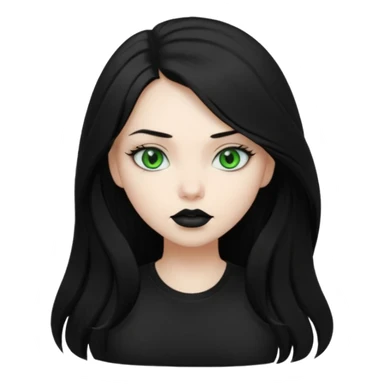 Black haired girl, green eyes, black lipstick, white skin, black t shirt, sharp face, long hair sticker