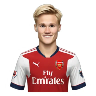 Martin Odegaard celebrates wearing an Arsenal shirt sticker