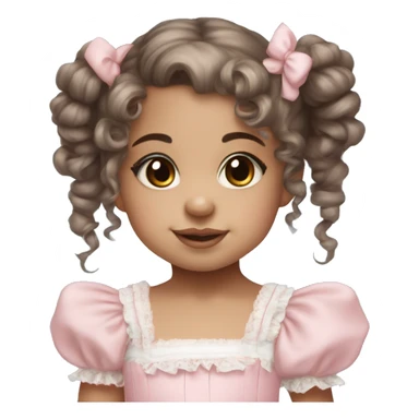 light skin toddler girl with brown eyes and brown curly hair in two pigtails wearing a baby pink lolita dress with baby blue hair bows sticker
