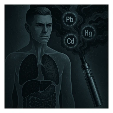 A stylized and unsettling electronic cigarette releasing dark metallic smoke filled with toxic particles. Within the smoke, symbols of heavy metals (Pb, Hg, Cd) travel towards a transparent human body. Inside the body, the liver and intestines appear blackened or visibly clogged. The atmosphere is dark, medical-symbolic style with cold metallic colors, conveying a strong and disturbing visual message. The face is inspired by the reference photo provided. sticker