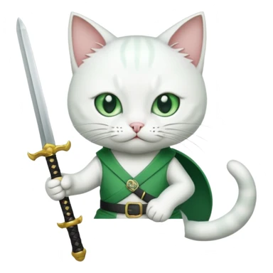 un gato blanco con reeferencia a roroa zoro "una espada en cada mano y una en la boca sticker