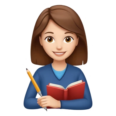happy woman with brown hair writing a book sticker