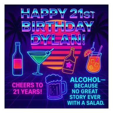 Completely change the style to vaporwave: neon colors, retro 80s grid, palm trees, synthwave sunset, chrome text, and keep the funny drink quote. Make it look digital and bold. sticker