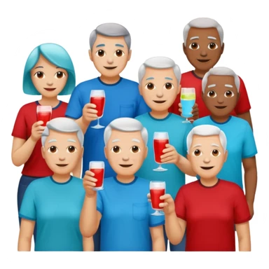 A room packed with adults and seniors in casual clothing with red, aqua and blue shirts, some with drinks, chatting at an afterwork meeting sticker