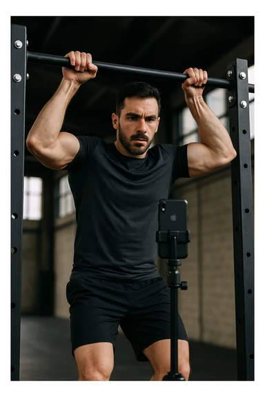 uomo che fa Muscle up e si sta filmando davanti con il telefonino per vedere la sua posizione dei gomiti e delle mani sulla sbarra sticker