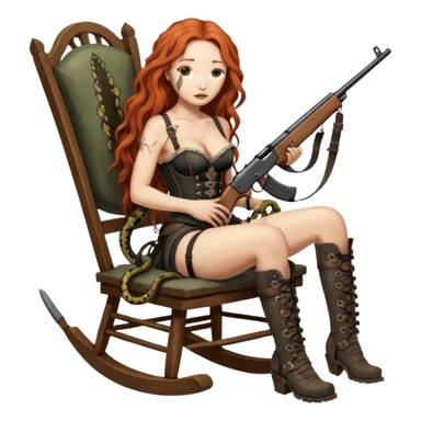 cinematic realistic ultra HD very old and tired Tori Amos casually crouches on a rocking chair in a torn corset, holding a double-barreled rifle and with muddy feet. a big snake wrapped itself around the chair sticker