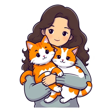 a girl with long dark brown curly hair, wearing a white sweater, hugging an orange cat, a grey Maine Coon, and a white cat with spots, sticker style sticker