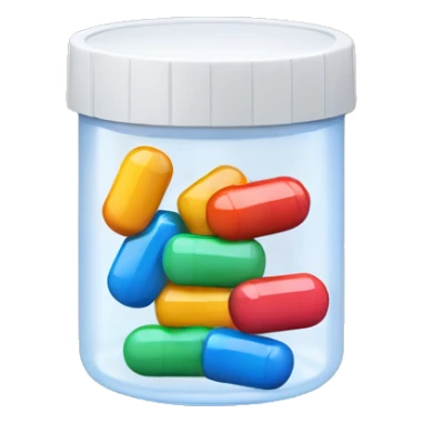 Small translucent plastic container with pills inside sticker