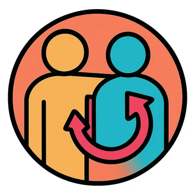 mentorship and retention icon, circular design with two interlocking figures, conveying partnership and long-term connection, modern, approachable sticker