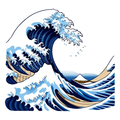 Cinematic Realistic Great Wave off Kanagawa, depicted as a colossal, crashing wave with dynamic blue hues and frothy white crests, rendered with intricate textures and fluid motion that captures both the timeless power and poetic beauty of the iconic Japanese artwork sticker