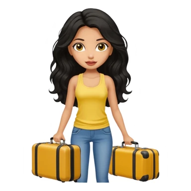 a pretty bratz dusky girl with long wavy black hair in a yellow tank top with a black suitcase at an airport sticker