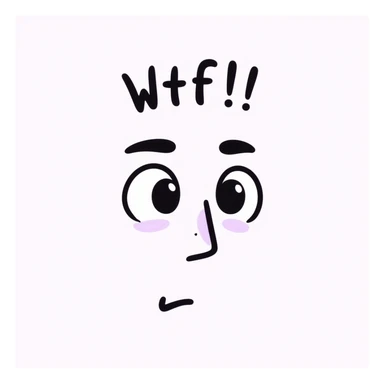 wide-eyed face emoji with one raised brow, small 'wtf' above the head in cursive or chalk font, soft lilac color palette, expresses a 'WTF' reaction—shocked, confused, or mildly judging but still cute, doodle-like, emotional, poetic, pastel dreamy vibe, suitable for Telegram channel sticker