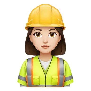 Mujer con casco obra conpletamente blanco pelo lacio castaño oscuro piel blanca chaleco de obra amarillo fosforito y camisa blanca sticker