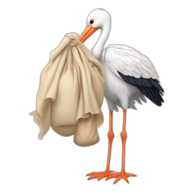  white stork carrying a bundle of cloth in its beak that has a baby human with light skin and dark hair and the baby face is peeking out from the cloths bundle the strok is carrying sticker