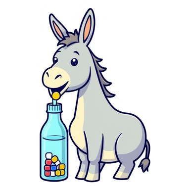 Donkey eating pills and drinking a bottle of alcohol  sticker