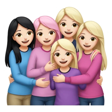 Girlfriend emoji - 5 white girlfriends, two with long dark black hair, one with medium blonde hair, one with long pale pink hair, one with short light blonde hair.  They should be laughing and hugging  sticker
